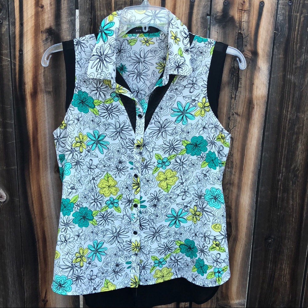 Floral Sleeveless Blouse - Black, White, Yellow, Blue